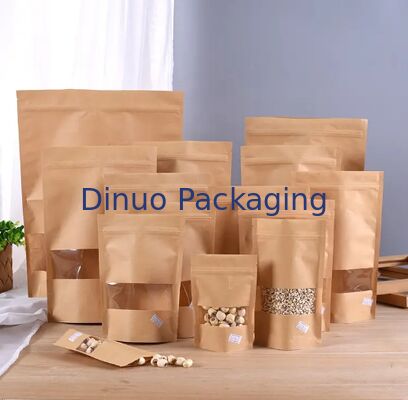 Eco Friendly Kraft Paper Stand Up Pouches Food Grade Resealable Clear Window Storage Bags for Snacks Coffee Home Kitchen